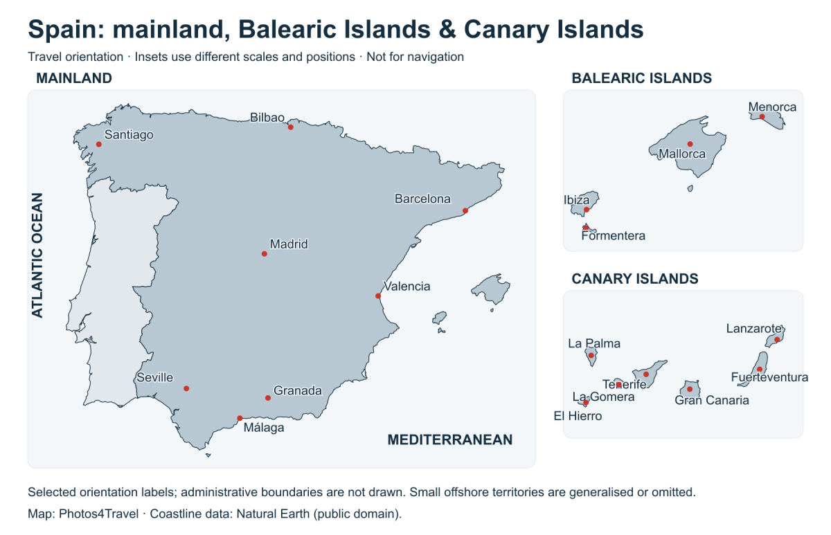 Spain mainland orientation map with separate Balearic and Canary Island insets; selected cities labelled Spain mainland orientation map with separate Balearic and Canary Island insets; selected cities labelled