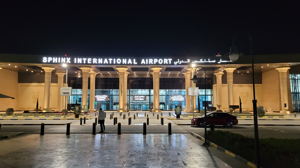Illuminated entrance of Sphinx International Airport Illuminated entrance of Sphinx International Airport