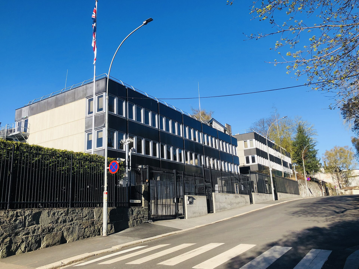 The British Embassy at Thomas Heftyes gate 8 in April 2021. Public access is by appointment. The British Embassy at Thomas Heftyes gate 8 in April 2021. Public access is by appointment.