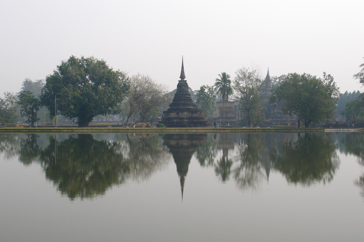 Buddhist monuments beside water at Sukhothai. Buddhist monuments beside water at Sukhothai.