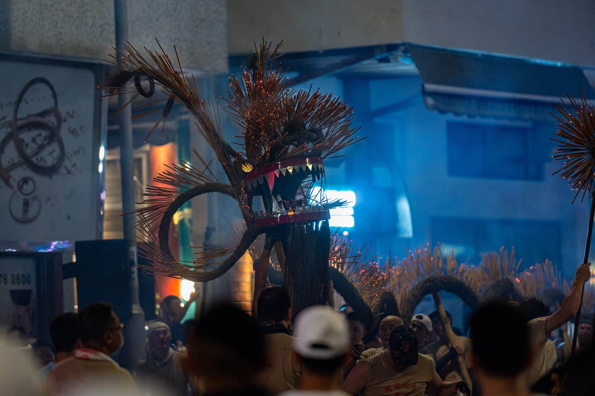 Tai Hang Fire Dragon Dance in 2024. Historical festival context, not a future programme or viewing-layout promise. Tai Hang Fire Dragon Dance in 2024