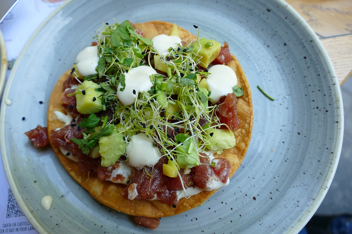 Tuna tartare with avocado and mango photographed in Barcelona
