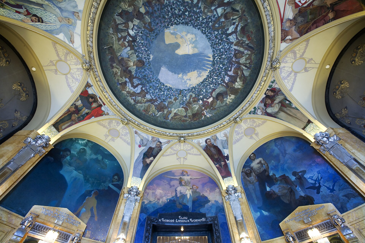 Decorated ceiling inside Prague’s Municipal House Decorated ceiling inside Prague’s Municipal House