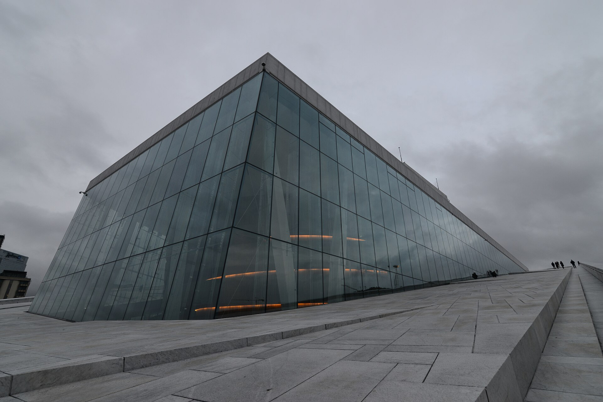 Glass and sloping stone surfaces at Oslo Opera House. Glass and sloping stone surfaces at Oslo Opera House.
