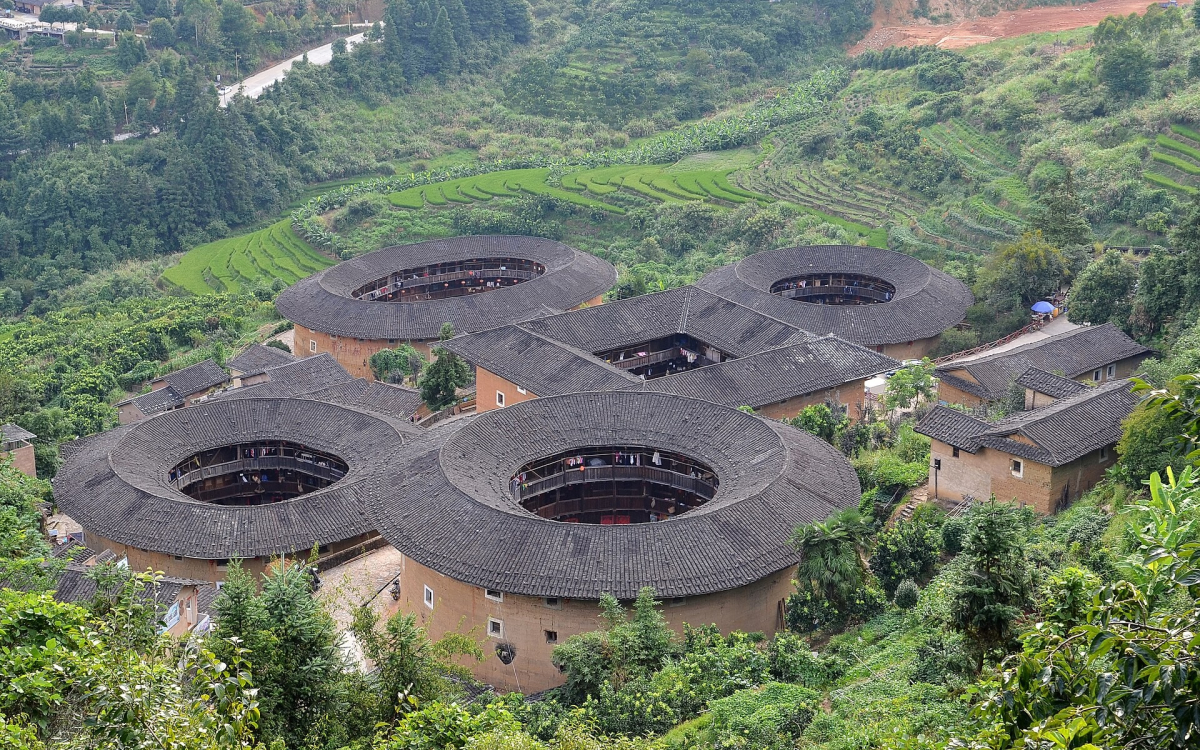 Circular and rectangular earthen buildings in the Tianluokeng tulou cluster