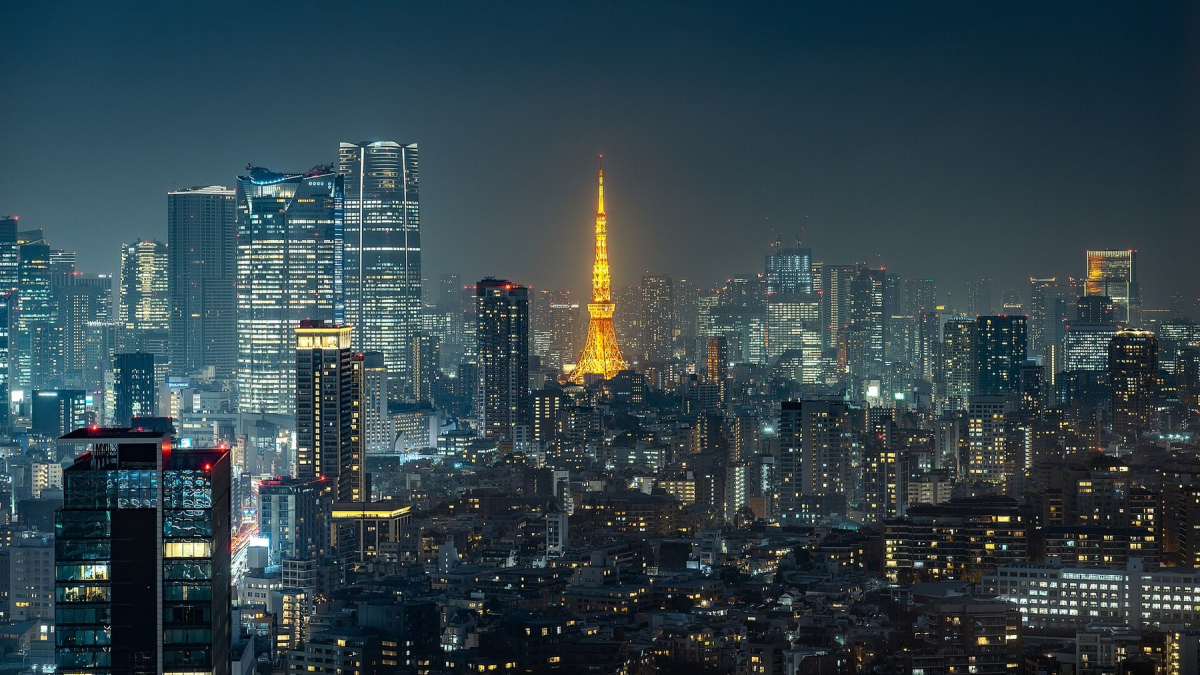 Tokyo Tower and the surrounding skyline after dark