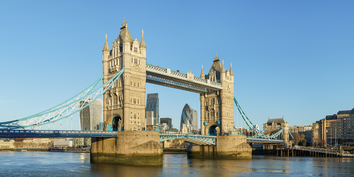 Tower Bridge seen from the Shad Thames side of the river.