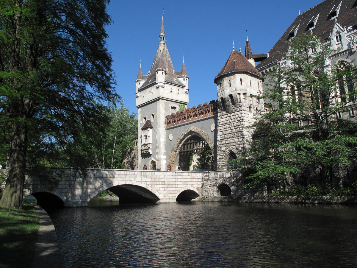 Vajdahunyad Castle beside the lake in City Park
