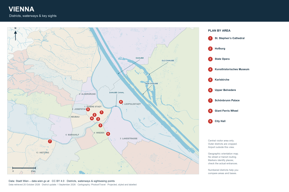 Vienna orientation map showing real district boundaries, waterways and nine key sights Vienna orientation map showing real district boundaries, waterways and nine key sights