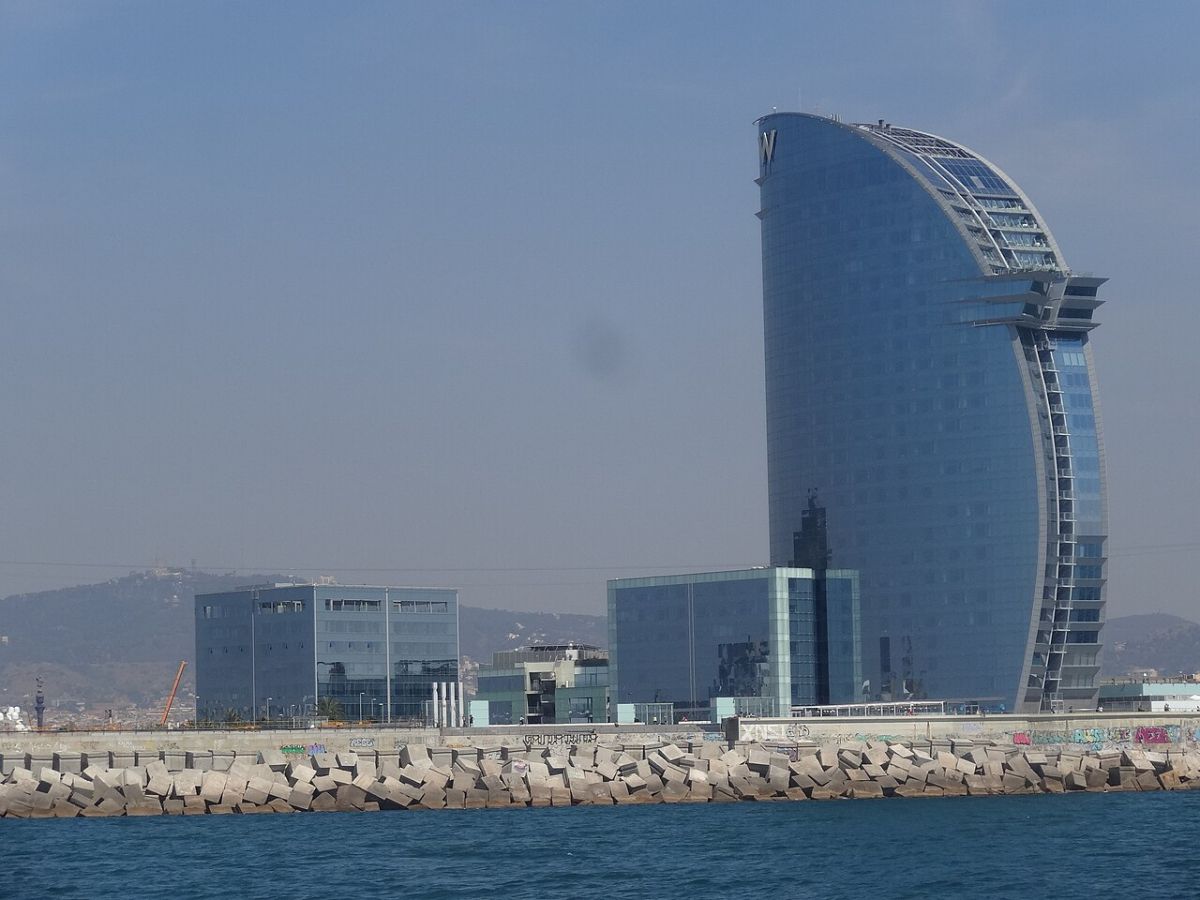 Sail shaped W Barcelona hotel seen from the sea