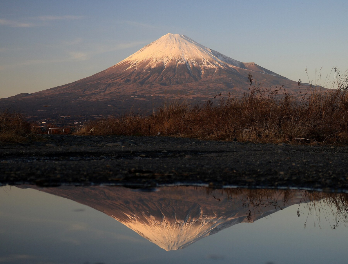 Mount Fuji reflected beside the Fuji River in Shizuoka