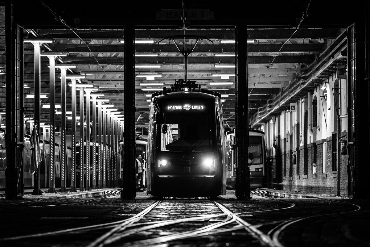 A Wiener Linien tram in a transport depot