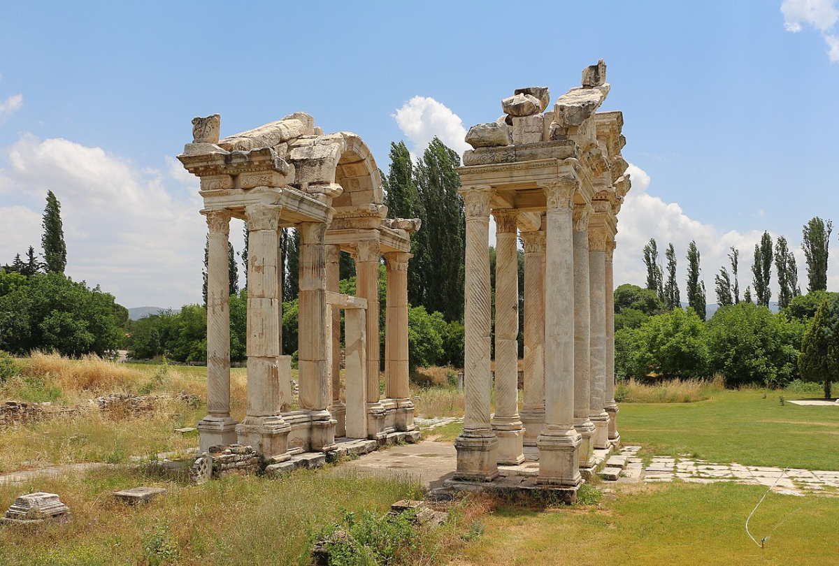 Carved stone columns and arches of the Tetrapylon at Aphrodisias