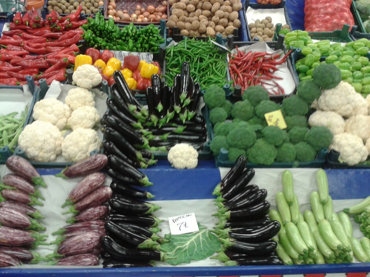 Eggplants, peppers, courgettes and other vegetables displayed at an Ankara food market