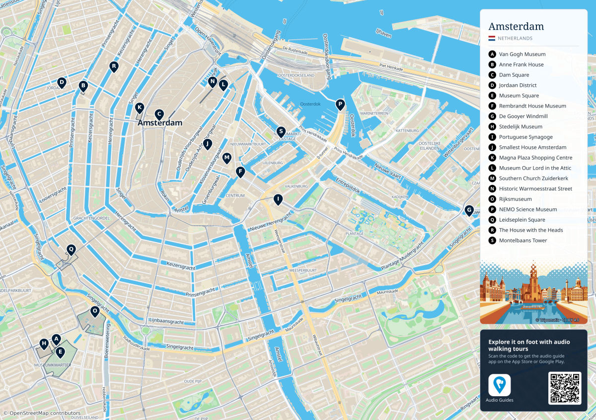 Amsterdam street map and key sights Street map of central Amsterdam with the canal ring, Jordaan, Museum Quarter and 19 lettered sights.