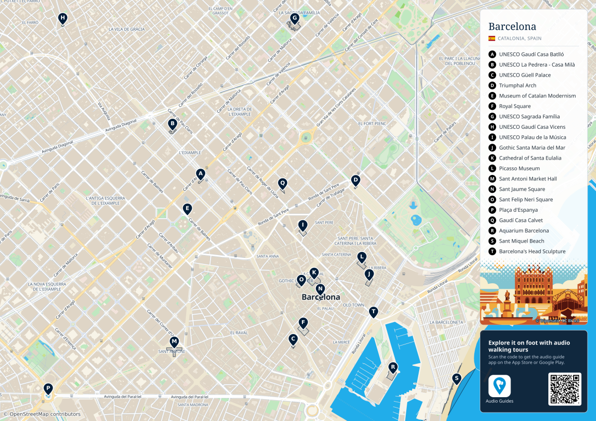 Central Barcelona street map with twenty labelled sights, from Gràcia and Sagrada Família to the old town and waterfront