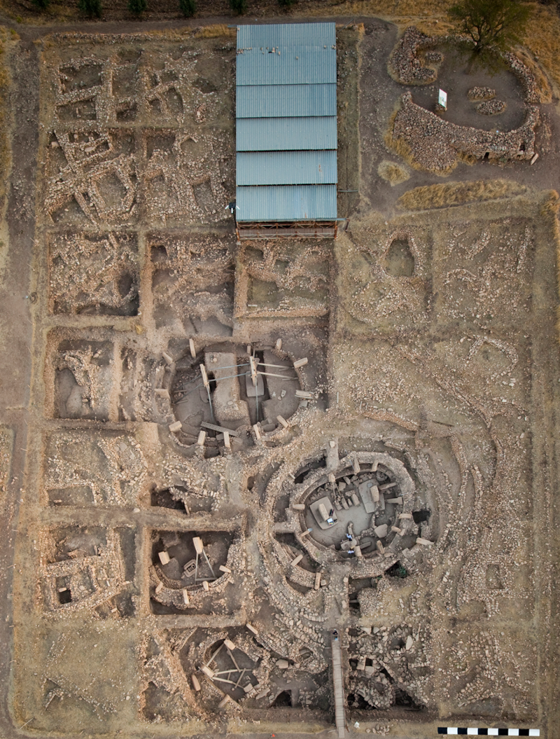 Overhead archaeological view of circular stone enclosures at Göbekli Tepe