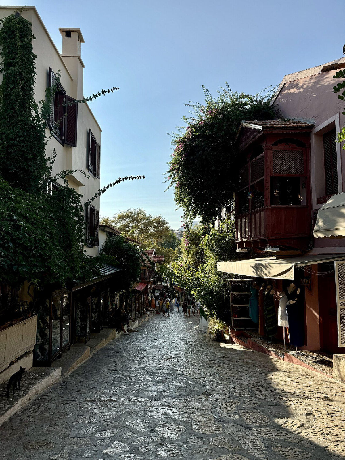 Stone-paved street with shops and wooden balconies in Kaş