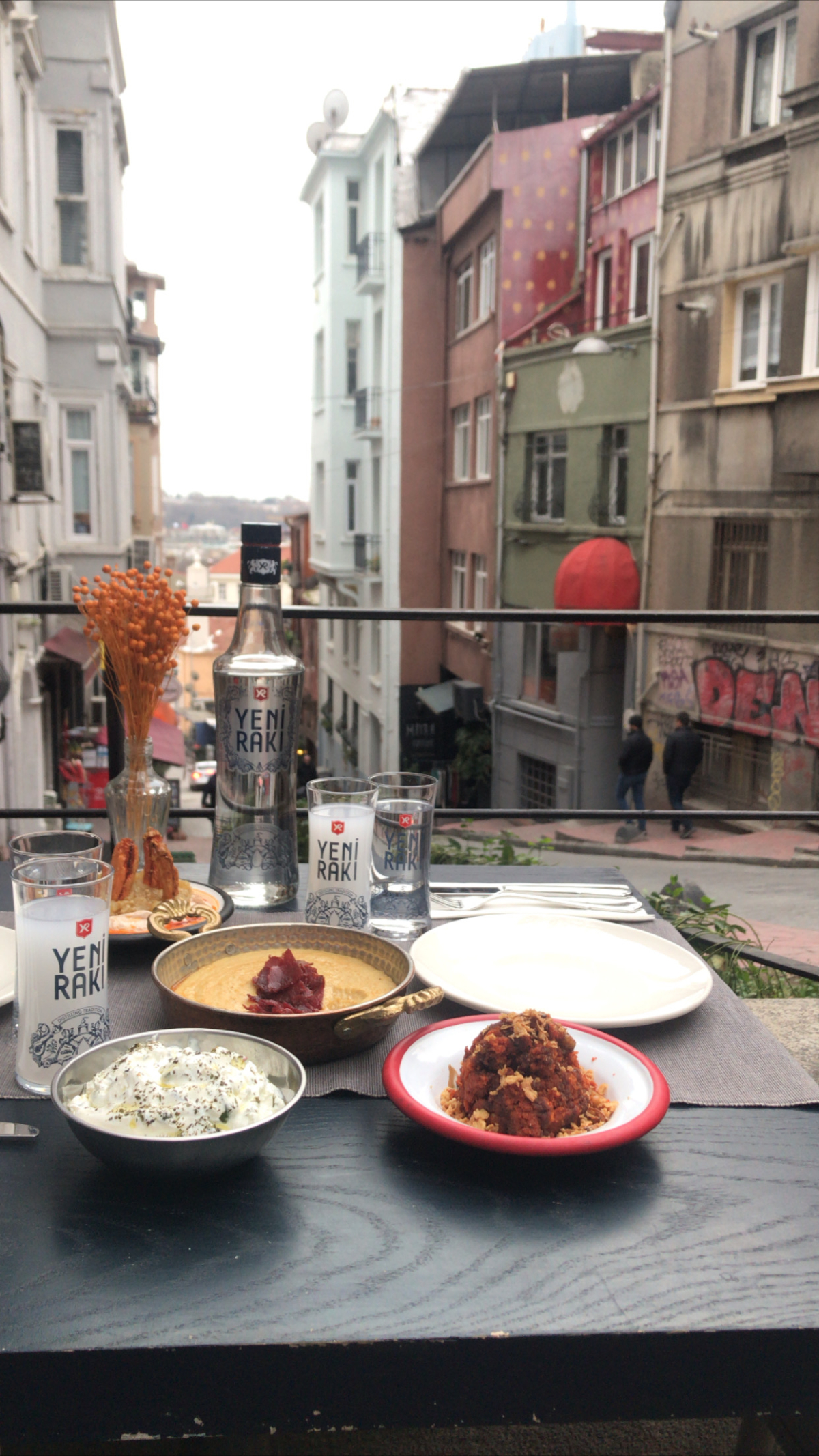 Rakı and meze set on a restaurant table in Istanbul