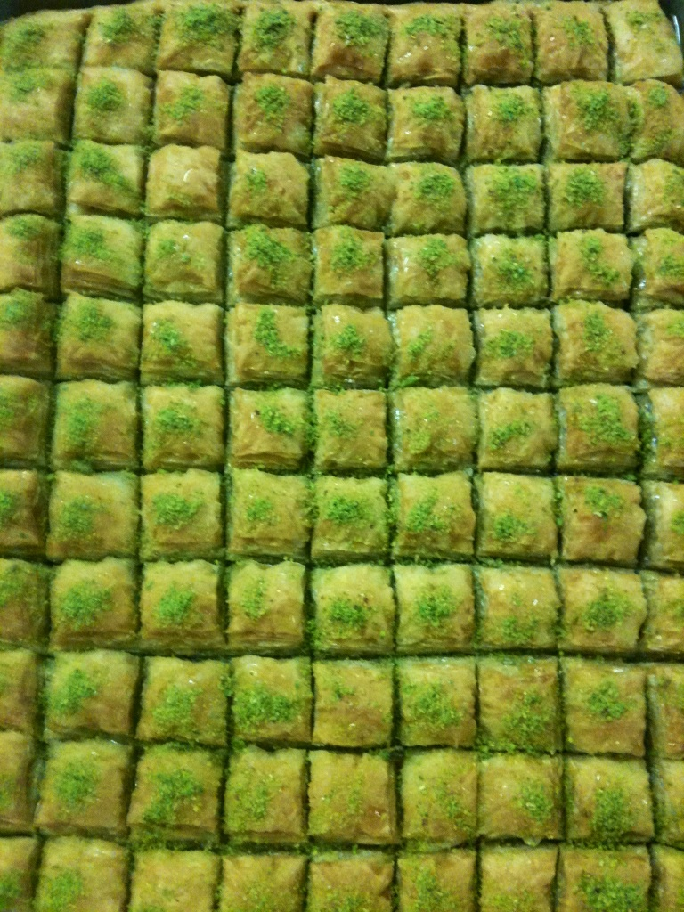 Baklava pieces topped with pistachio