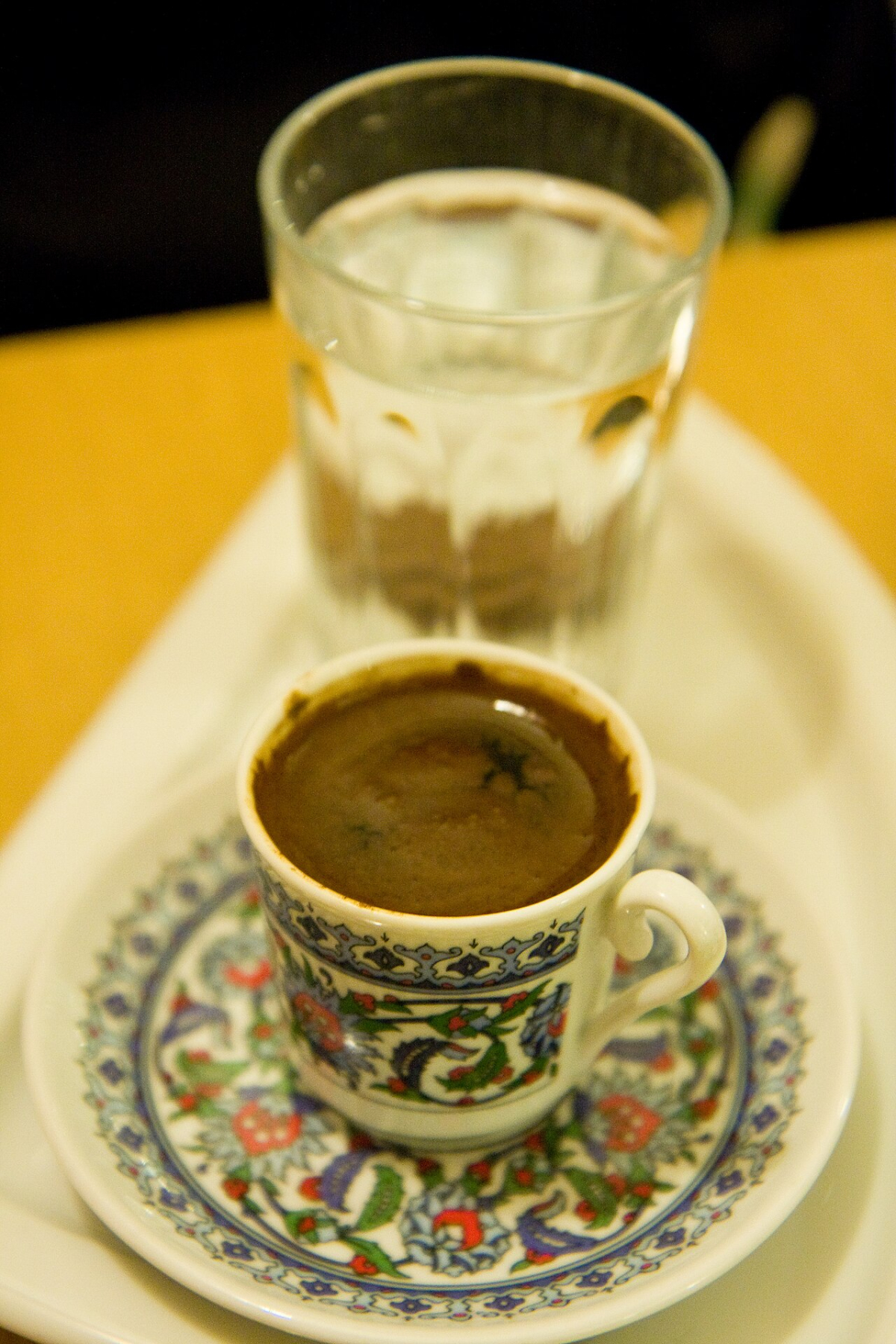Turkish coffee served in a patterned cup