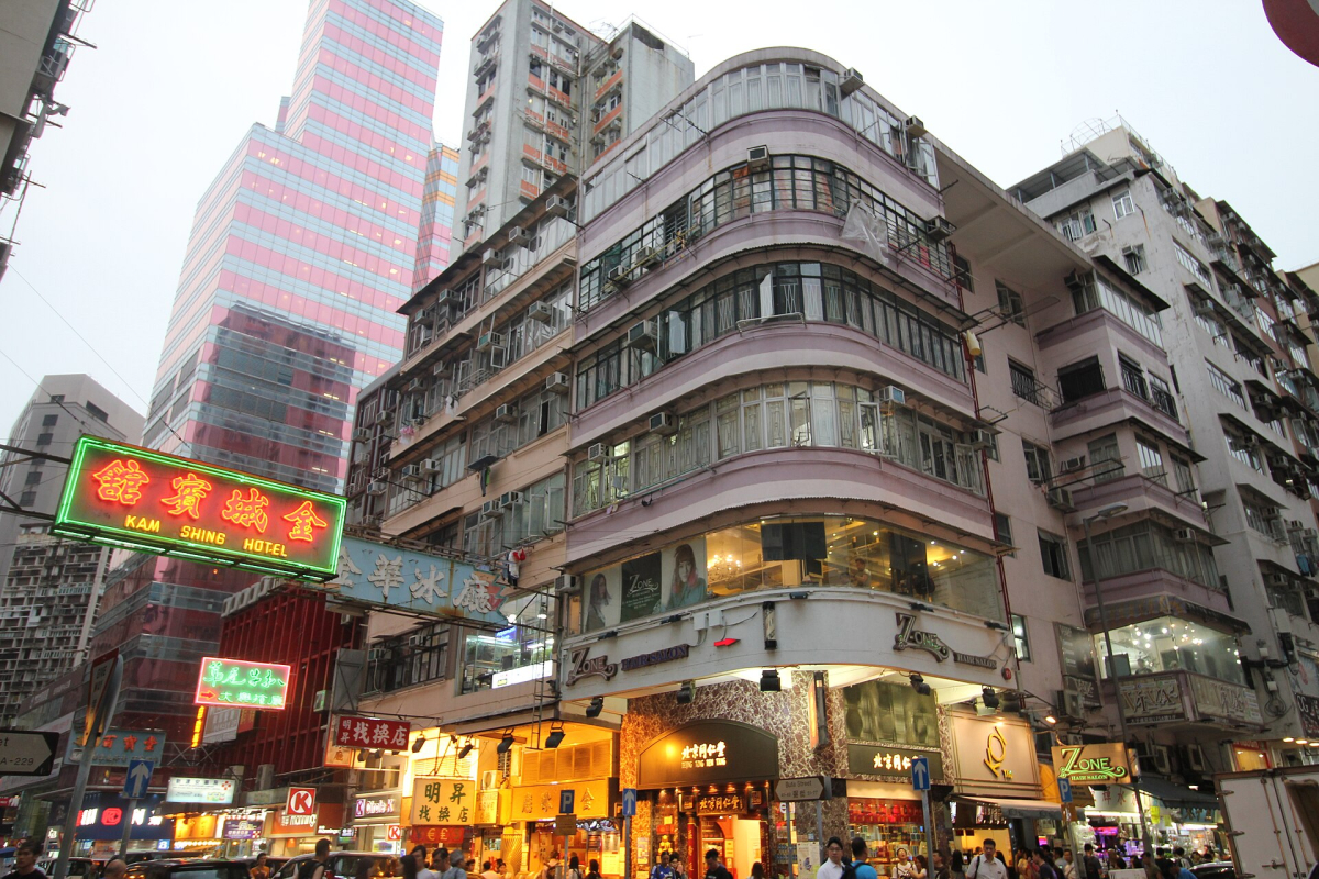 Bute Street and Tung Choi Street corner building housing Kam Wah Cafe
