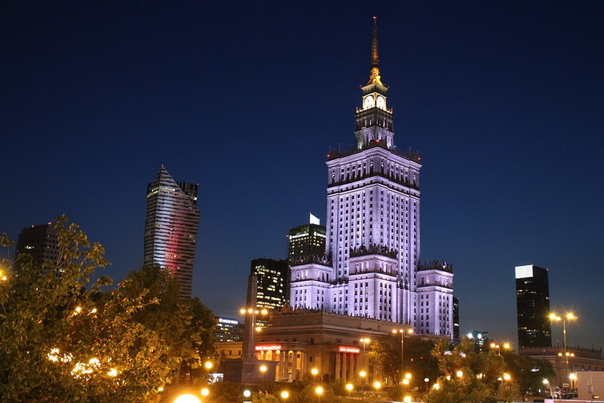 Warsaw Palace of Culture and Science illuminated at night Warsaw Palace of Culture and Science illuminated at night