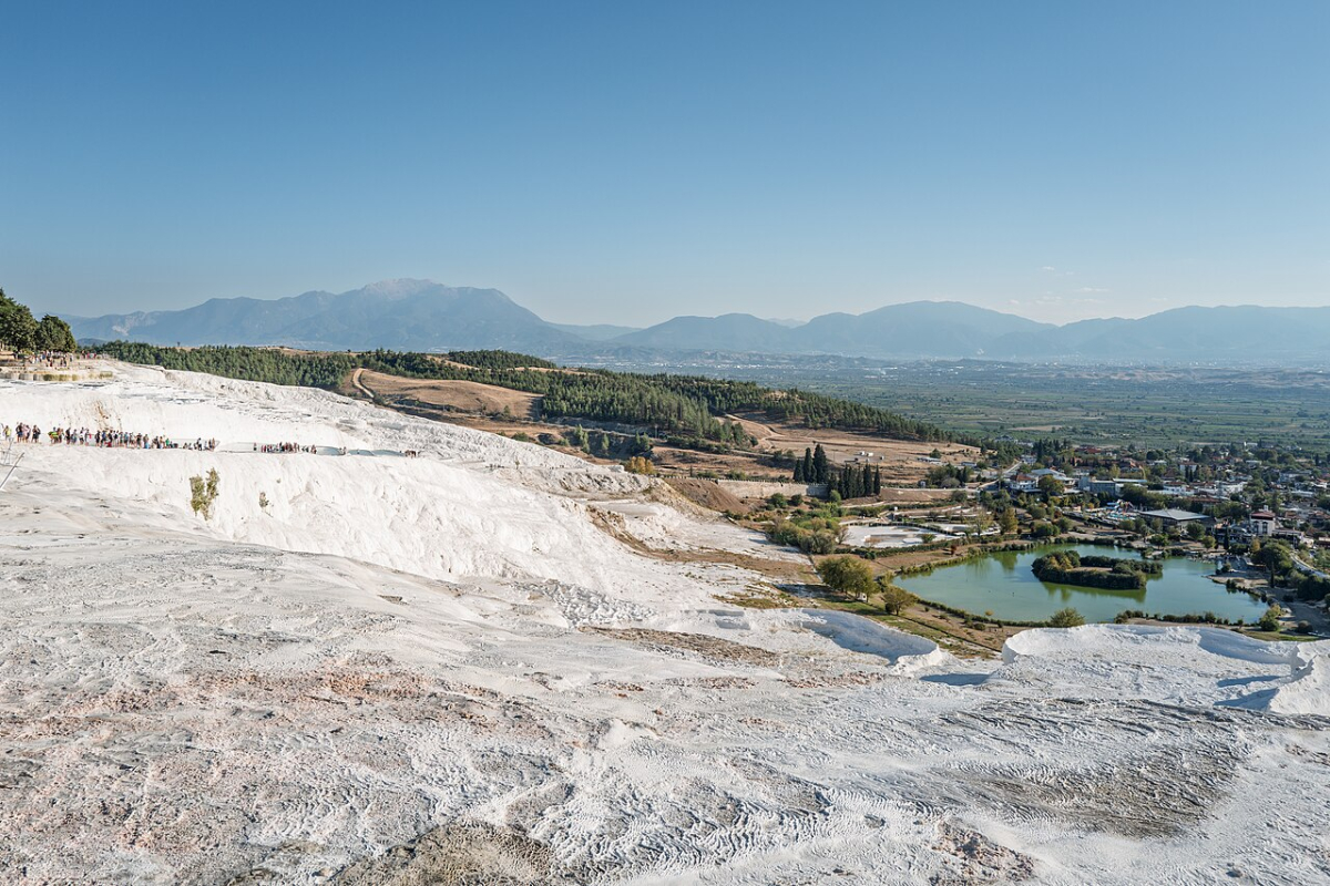 White travertine terraces at Pamukkale overlooking the valley below