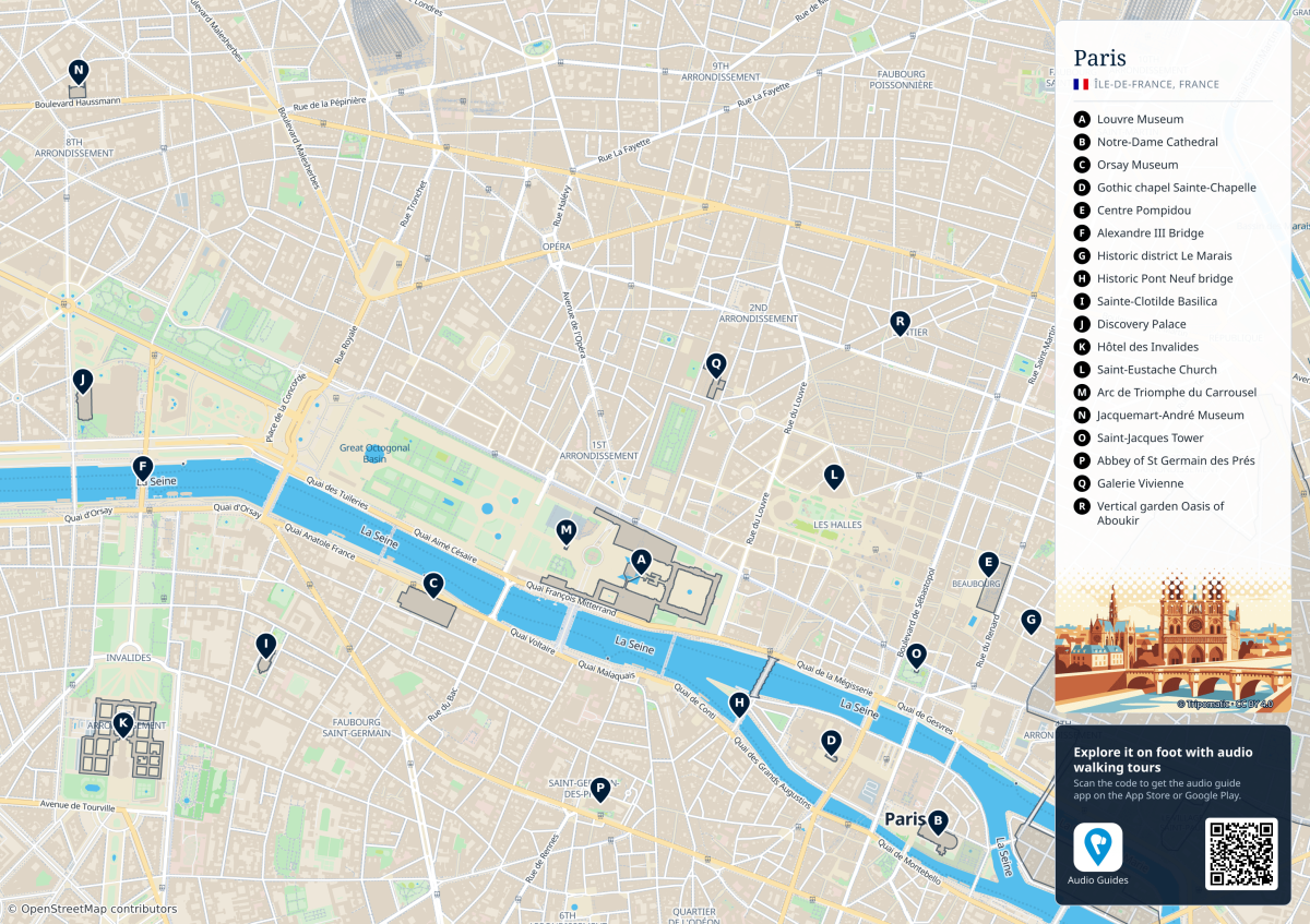 Central Paris geographic tourist map with the Seine, streets and numbered landmarks.