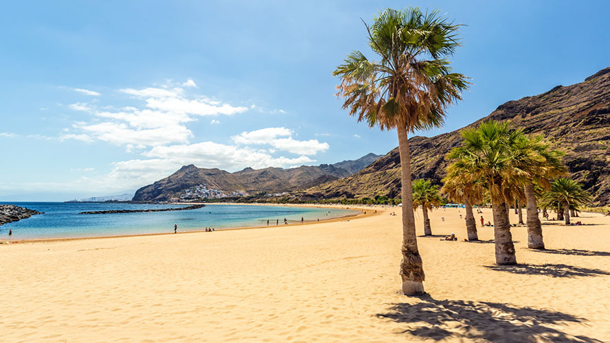 Golden sands and calm blue water at Playa de Las Teresitas, Tenerife