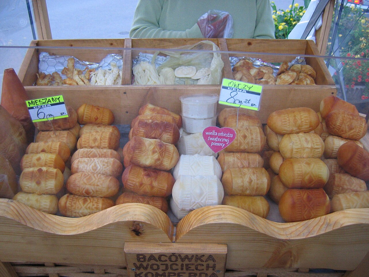 Oscypek cheeses in a market display Oscypek cheeses in a market display