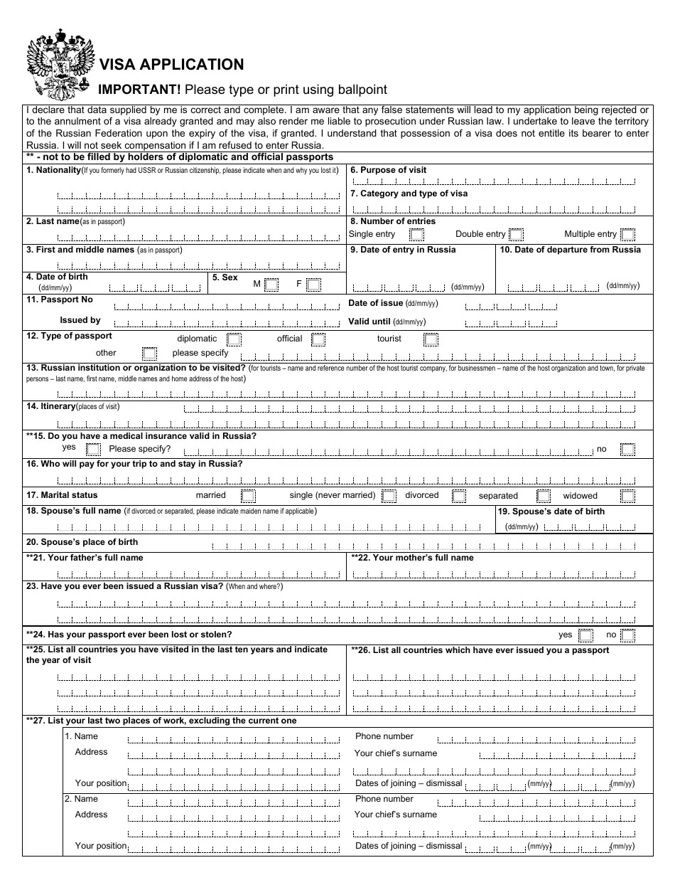 Filling out Russian visa application form
