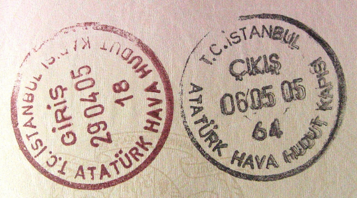Two historical Turkish passport entry and exit stamps from Atatürk Airport dated 2005