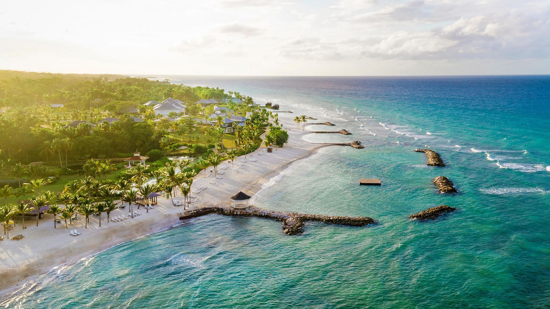 Aerial view of Seven Mile Beach in Negril Jamaica with turquoise waters and white sand beach
