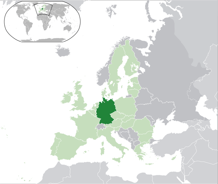 Location of Germany on the world map — situated in Central Europe, bordered by France, Poland, and the Netherlands