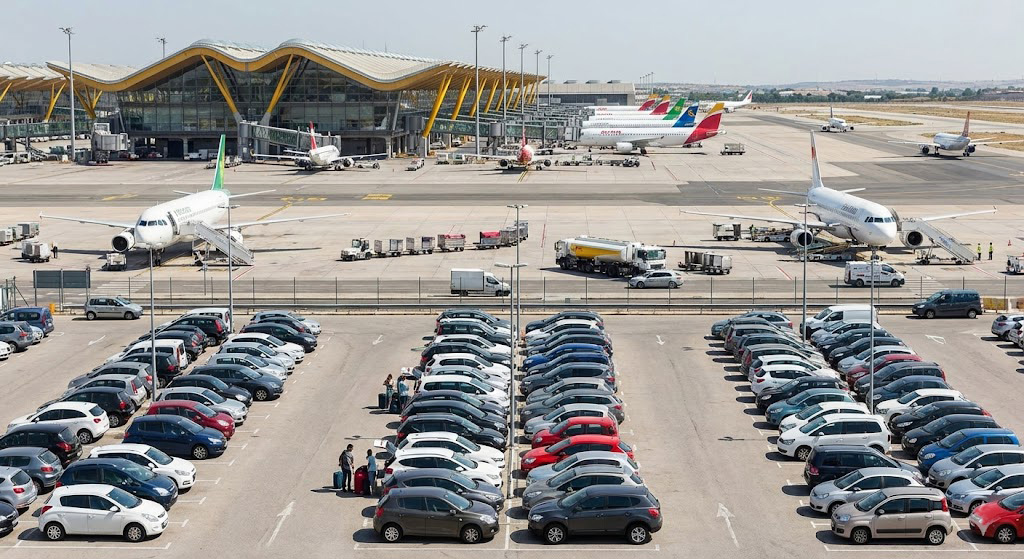 Madrid Car Rentals – Driving From Barajas Airport Rental cars parked at Madrid Barajas Airport with terminal and aircraft in the background