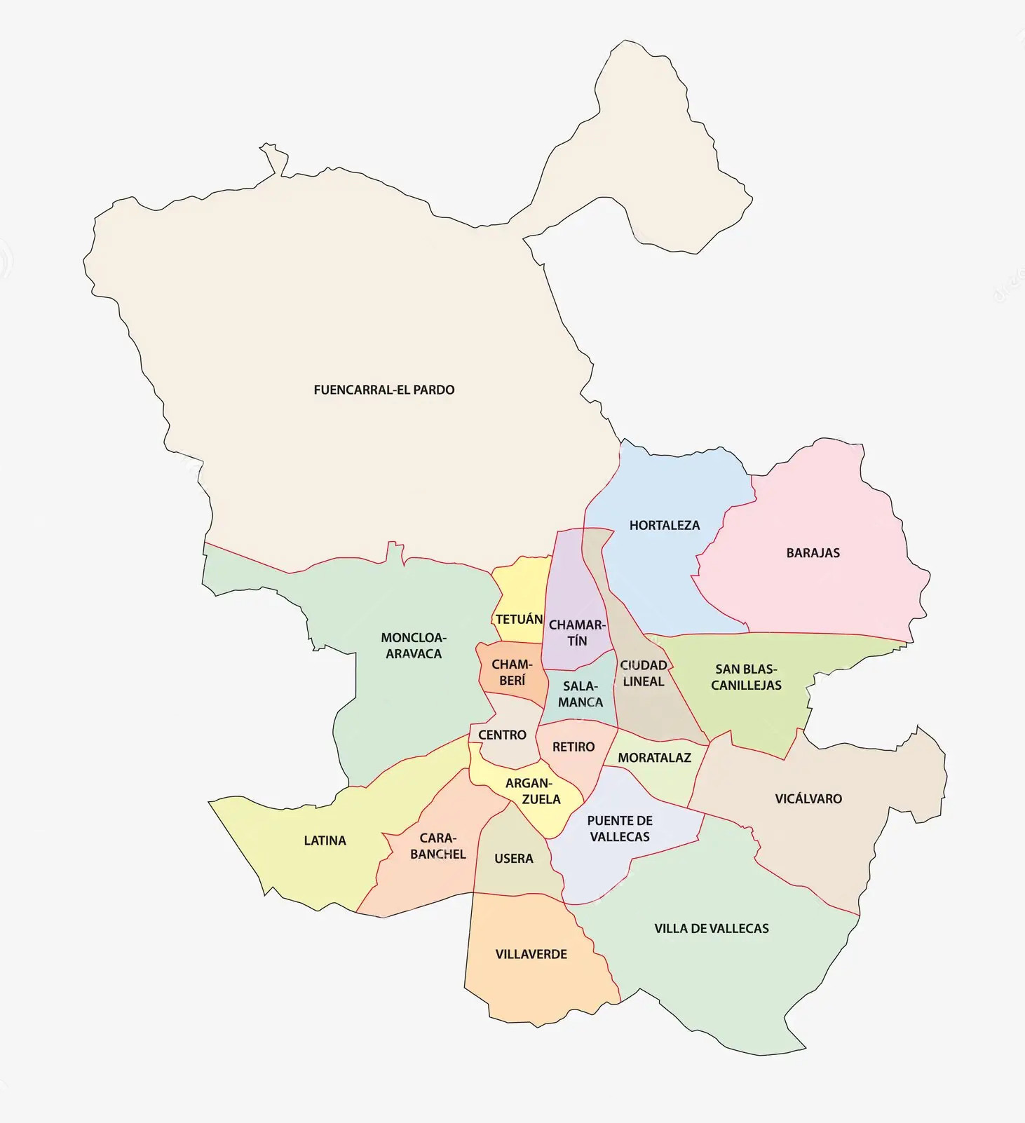 Simplified map of Madrid showing its main districts and boundaries