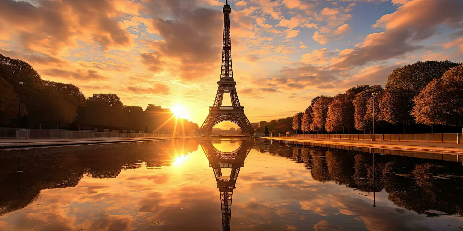Eiffel Tower reflected in the Trocadéro fountains at sunrise in Paris