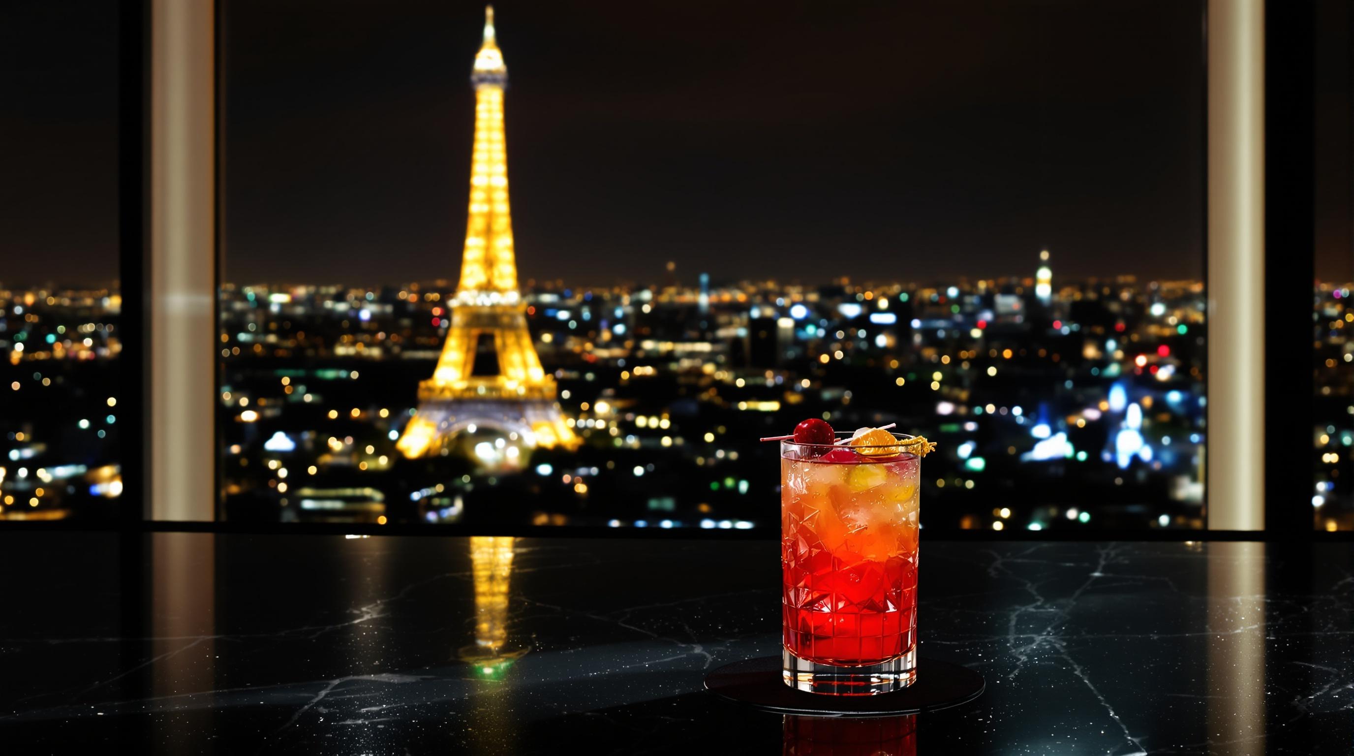 Cocktail overlooking the illuminated Eiffel Tower and Paris skyline at night