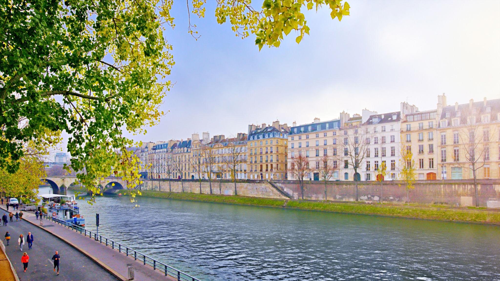 Spring weather along the Seine River with riverside buildings and green trees in Paris