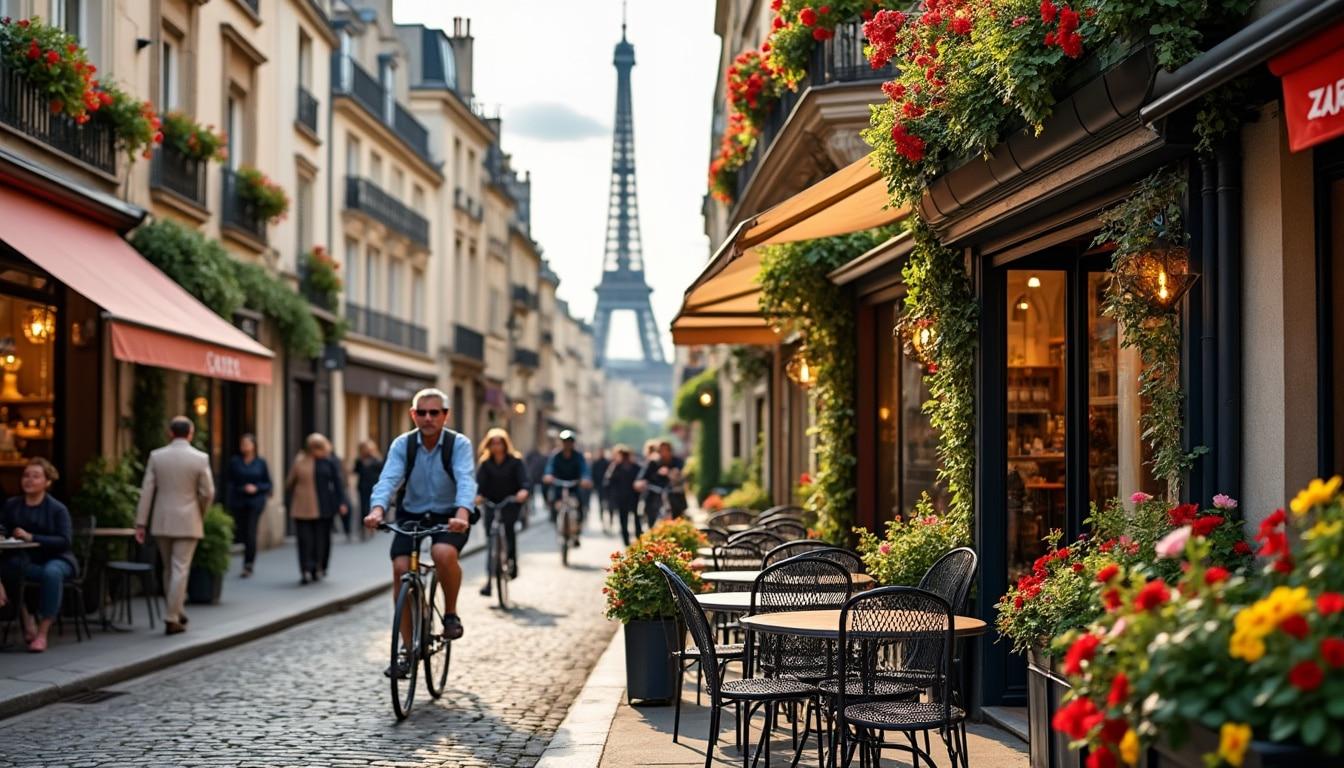 Paris Travel Tips Guide Visitors exploring a charming Paris street with cafés and views of the Eiffel Tower