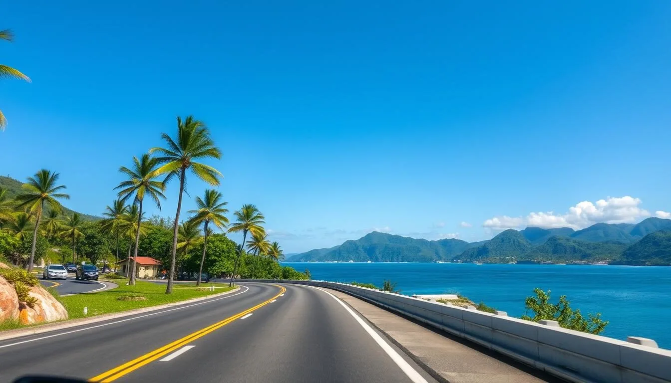 Scenic coastal road in Puerto Rico with palm trees and ocean views, representing flexible transportation and road travel