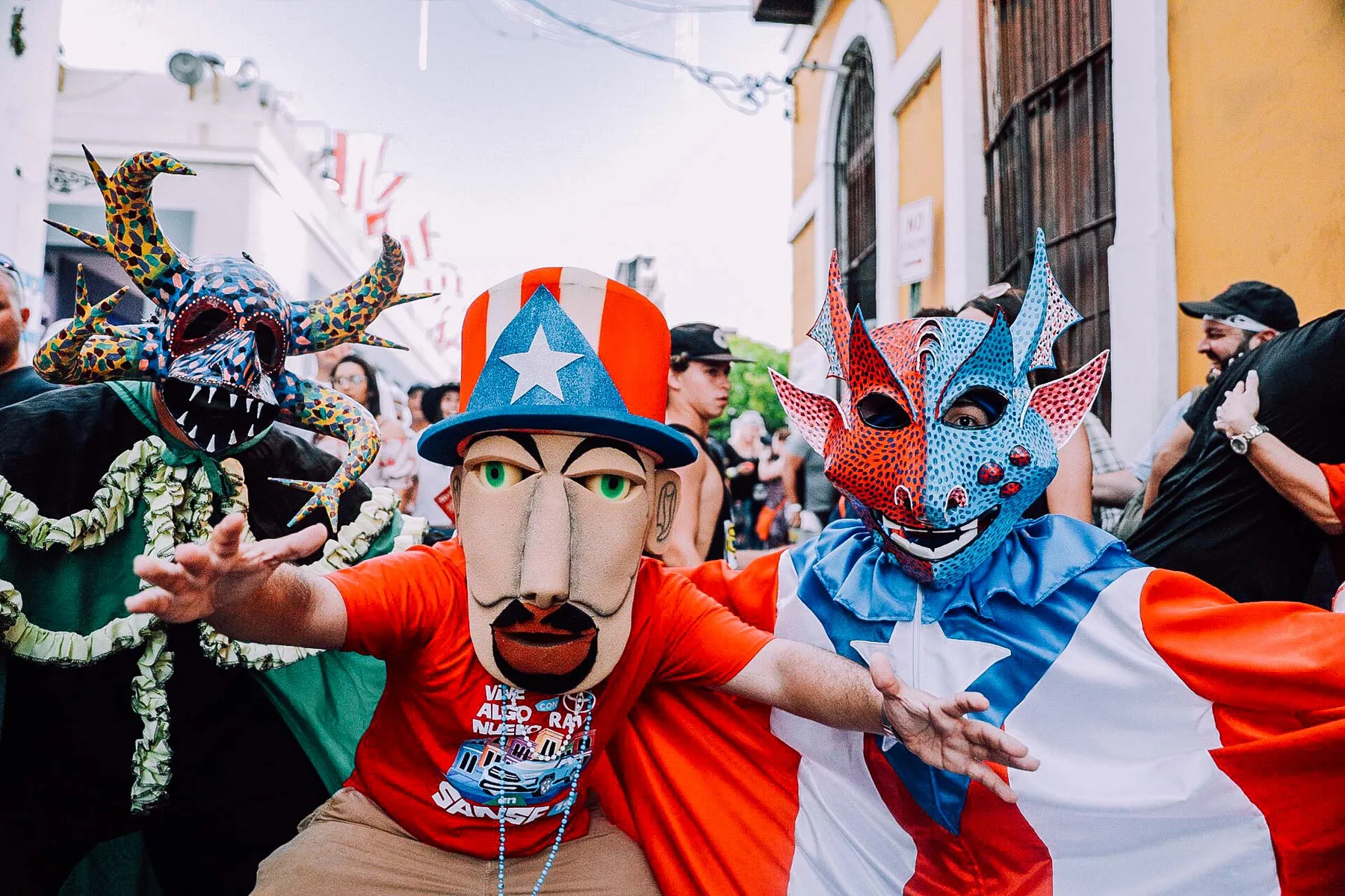 Festivals & Events in Puerto Rico – Annual Celebrations, Culture & Local Traditions Masked performers celebrating a traditional street festival in Old San Juan, Puerto Rico