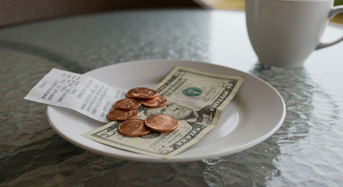 Cash and coins left on a café table, illustrating everyday payments and tipping while traveling