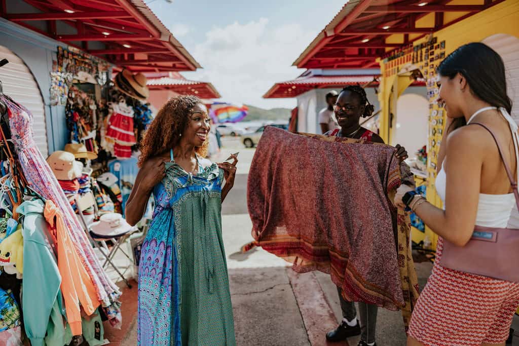 Local street market shopping in the Virgin Islands with handmade crafts and colorful stalls