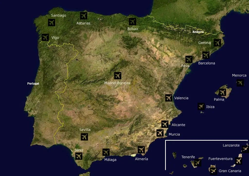 Map of Spain showing major airports including Madrid, Barcelona, Málaga, Palma de Mallorca, Alicante, Valencia and Canary Islands airports