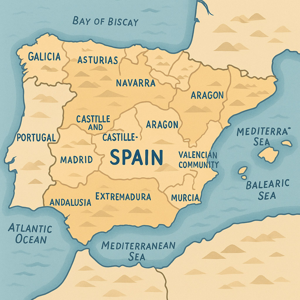 Illustrative map view of Spain with main regions and surrounding seas