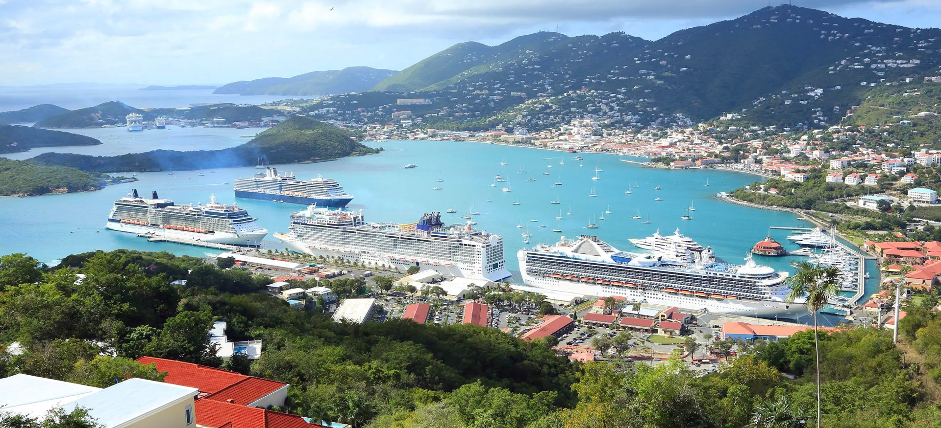 Top Destinations in the Virgin Islands – St. Thomas & Charlotte Amalie Harbor Aerial view of Charlotte Amalie harbor in St. Thomas, Virgin Islands, with cruise ships, yachts, and turquoise waters